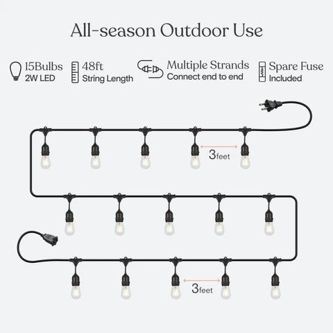 Diagram of Ambience Pro Waterproof LED Outdoor String Lights Hanging Dimmable 2W Vintage Edison Bulbs 48 Foot Commercial Grade Patio.