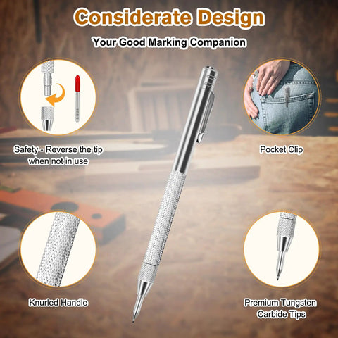 Heavy Duty Tungsten Carbide Scribe Kit With Magnetic Bottom And Extra Refills For Steel Glass Leather And Wood Drafting Tasks Zero Sharpening Headaches showing knurled handle and pocket clip feature.
