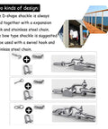 Two types of designs: D-shape and bow shackles with chains and hooks for secure connections in rigging and towing.