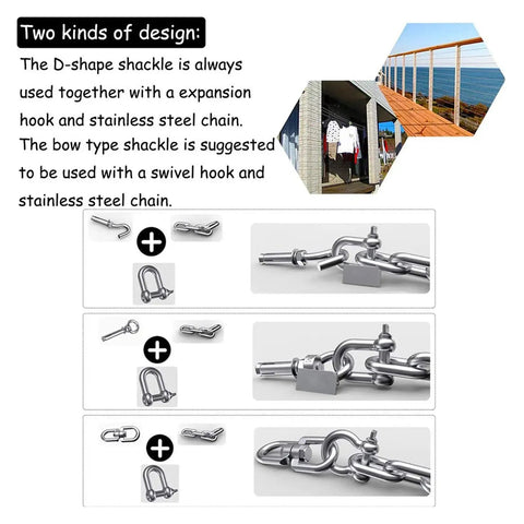 Two types of designs: D-shape and bow shackles with chains and hooks for secure connections in rigging and towing.
