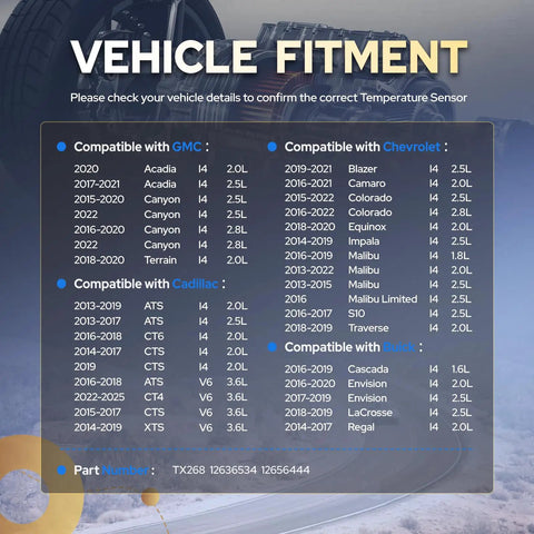 Vehicle fitment chart detailing compatibility for Straight Plug And Play Engine Coolant Temperature Sensor for Chevy GMC Buick Cadillac.