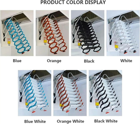 Top Shelf Electric Attic Ladder With Wireless Remote Control No Sweat Operation Smooth Retracting Foldaway Loft Stair in colors blue, orange, black, white.