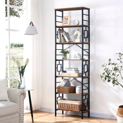Sturdy 84 Inch Tall Industrial Bookshelf With Rustic Brown Metal Frame And Seven Open Shelves For Cozy Living Room And Bedroom in bright space.