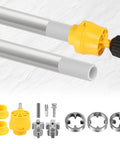 Heavy Duty Pvc Threader Kit With Electric Drill Adapter Including One Half, Three Quarter And One Inch Dies For Pipe Plumbing Works Crisp Cut No Burrs Easy Install Reusable Alloy Steel Tapping Tool with connector and dies.