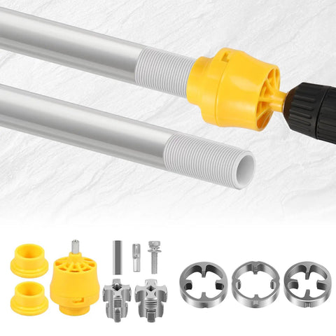 Heavy Duty Pvc Threader Kit With Electric Drill Adapter Including One Half, Three Quarter And One Inch Dies For Pipe Plumbing Works Crisp Cut No Burrs Easy Install Reusable Alloy Steel Tapping Tool with connector and dies.