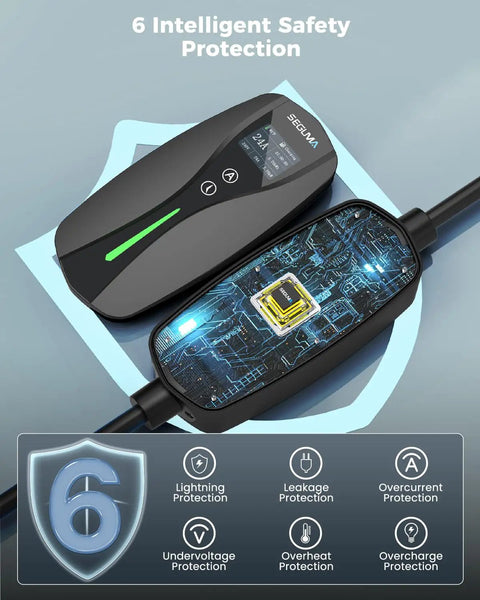 Road Ready Heavy Duty Level One And Two Electric Vehicle Wall Charger With Nema 14 30 Plug And J1772 Connector showing safety features and LED display.