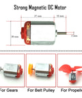 Strong magnetic DC motor with measurements, showing compatibility with gears, belt pulley, and propeller for 18 Piece DC Motors Kit.