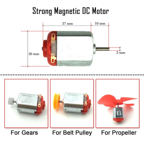 Strong magnetic DC motor with measurements, showing compatibility with gears, belt pulley, and propeller for 18 Piece DC Motors Kit.
