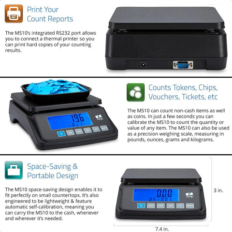Front view of Coin Counting Scale for Fast Cash Counting and Sorting Coins in USD CAD EUR GBP with blue display screen.