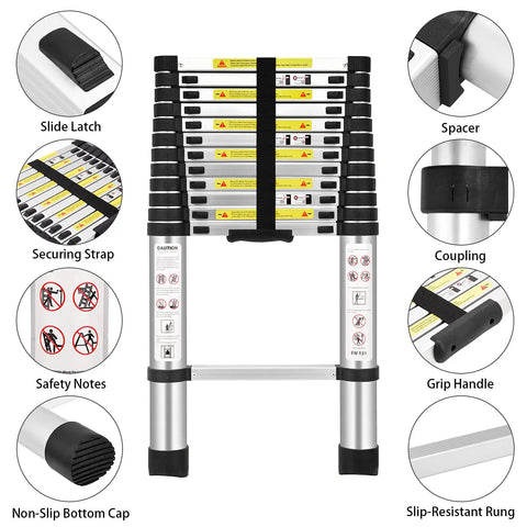 Foldable Telescoping Ladder for Home and Outdoors, EN131 Compliant Aluminum Extension Ladder, 12.5 Feet Reach details