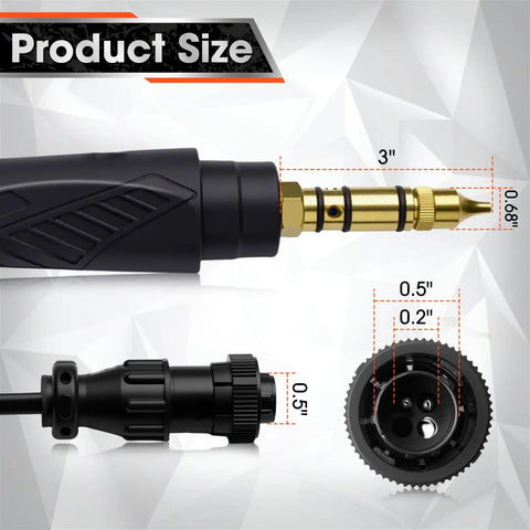 Get Ready To Weld Like A Pro With This Top Notch 250A Mill M-25 Mig Welding Gun featuring product size and connector details.
