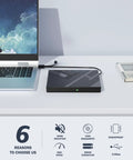 All In One External Blu Ray Drive For Real Fast 100 GB Disc Read And Write Supports Massive 100GB Discs Burn And Backup High Capacity Media Reads Blu Ray Up To 6x DVDs Up To 8x Great For PC Mac And Laptop Use Plug And Play Ready black external Blu-ray drive connected to laptop