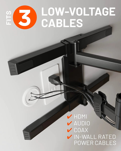 Two Pack Mini In Wall TV Cord Hider Kit Two Point Five Inch Width with three low-voltage cables behind TV mount