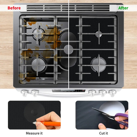 Three Pack Stove Burner Covers For Gas Range, Heat Resistant Stove Top Protectors, before and after with scissors and lid measure