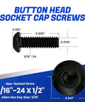 Heavy Duty Button Head Socket Cap Screws 5/16 24 X 1/2 Inch showing dimensions and hex drive detail in black oxide finish.