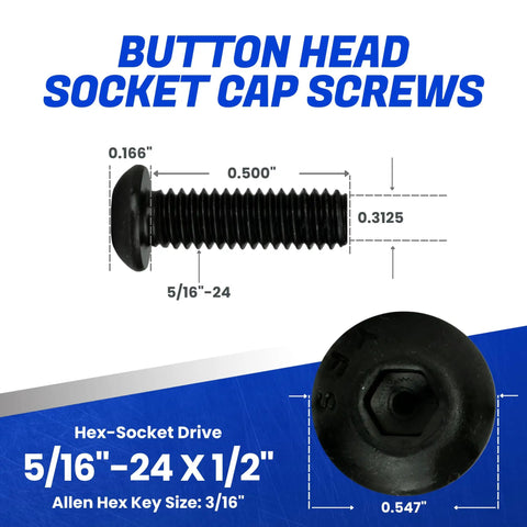 Heavy Duty Button Head Socket Cap Screws 5/16 24 X 1/2 Inch showing dimensions and hex drive detail in black oxide finish.