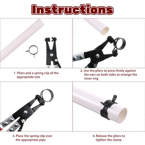 Get Your Hands on This Awesome 131 Piece Assortment Kit With 16 Radiator Hose Clamp Sizes For Tightening Air Tubes And Fuel Lines Like A Pro During Auto Repair Or Home Plumbing Jobs Without Breaking The Bank. Instruction image of hose clamp pliers tightening a spring clip on a white tube