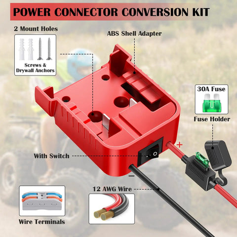 Close-up of red Two Pack 18V Battery Adapters For M18 Compatible kit showing ABS shell, wires, switch, and fuse holder