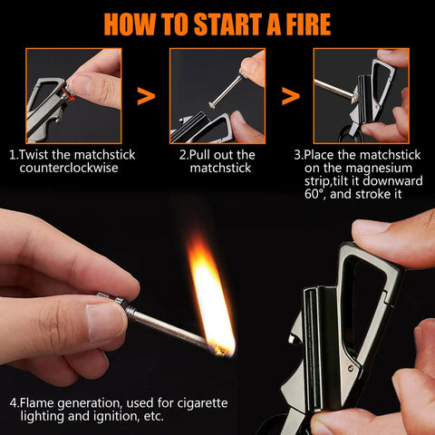 Steps to use Infinity Permanent Match Lighter With Multitool Keychain Bottle Opener Durable Waterproof for Outdoor Survival.