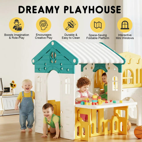 Outdoor Toddler Playset With Rock Climber And Slide, Basketball Hoop, Storage, Castle Playhouse, And 10 In 1 Upgrade For Backyard Fun in playroom