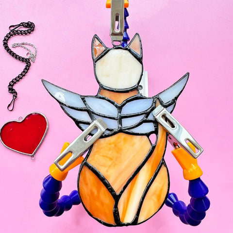 Soldering Clamp For Stained Glass And Jewelry Making, Adjustable Pro Grade Helping Hands holding a stained glass cat.