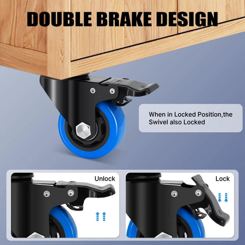 3 Inch Heavy Duty Stem Caster Wheels Set Of 4 With 1/2-13 Threaded Stem featuring dual brake design, installed on furniture