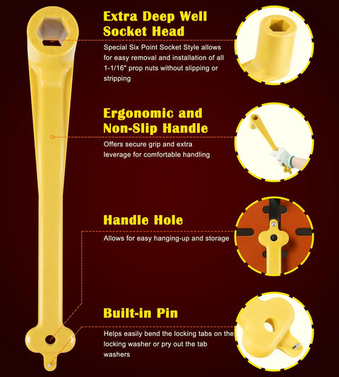 Detailed view of 1-1/16 Inch Propeller Wrench And Prop Stop Block Kit For All Outboard And Sterndrive Props, Lightweight Yellow, Pro Grade PMPS-1-DP Stop, highlighting features like deep well socket head, ergonomic handle, handle hole, and built-in pin for 1-1/16 inch nut propellers across common engine setups.