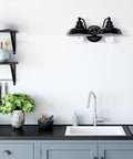 Two Light Farmhouse Wall Sconce In Oil Rubbed Bronze Finish Industrial Wall Mount Vanity Light above kitchen sink