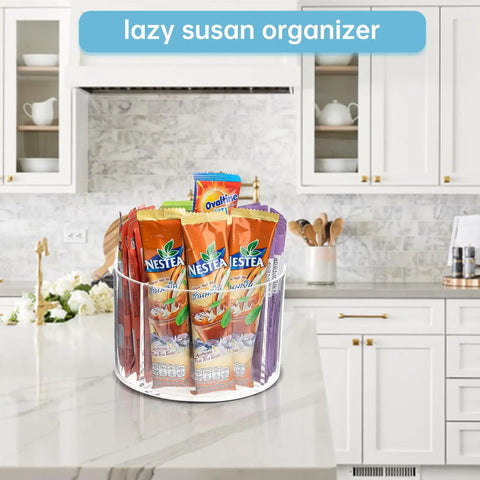 360 Degree Rotating Drink Packet Organizer Lazy Susan For Powdered Drink Mixes And Condiments on a kitchen counter