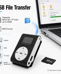 Clip On Mini MP3 Player With USB Clip for on the go, showing 32GB micro SD card compatibility and laptop USB file transfer.