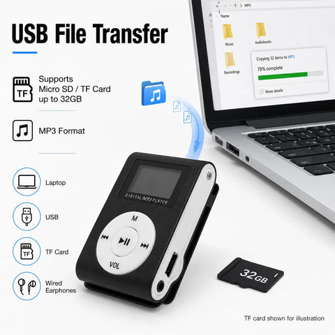 Clip On Mini MP3 Player With USB Clip for on the go, showing 32GB micro SD card compatibility and laptop USB file transfer.