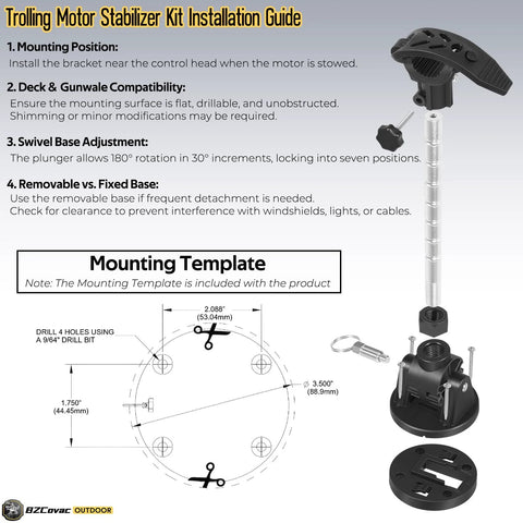 Front view of BZCOVER Outdoor trolling motor stabilizer kit with adjustable aluminum rod and low-profile base