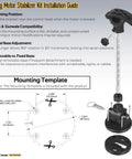 Exploded view of trolling motor stabilizer kit: low-profile base, adjustable shaft, mounting screws, two support sizes