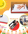 Workhorse Aluminum Clipboard For A4 with clip board and pen holder, depicted in an office meeting and close-up of dual clips.