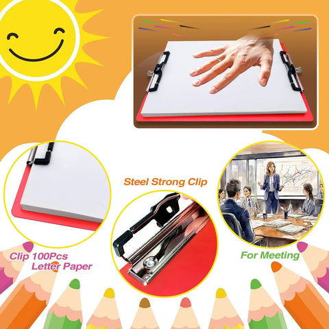 Workhorse Aluminum Clipboard For A4 with clip board and pen holder, depicted in an office meeting and close-up of dual clips.
