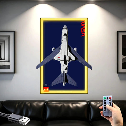 Display Wall Panel for Space Shuttle Model Kit and Boeing Aircraft Sets, Acrylic frame showing space shuttle art above sofa