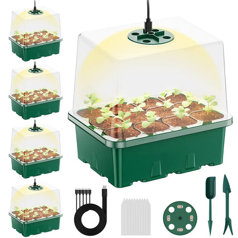 5 Pack 60 Cell Seed Starter Trays with Built-In Grow Light Kit, Humidity Dome, and Base Plug for Indoor Seed Germination