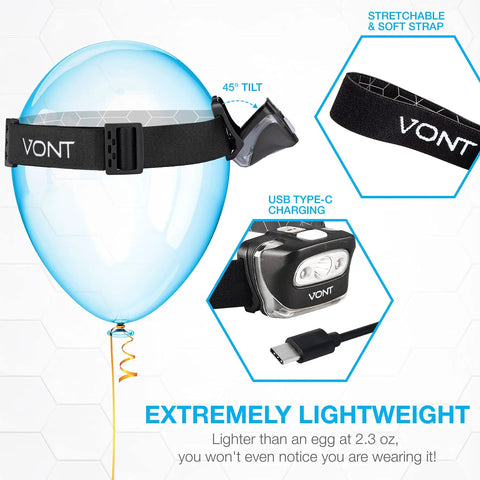 Rechargeable LED Headlamp with 7 Modes and Red Light, IPX5 Waterproof, shown on a balloon highlighting lightweight design
