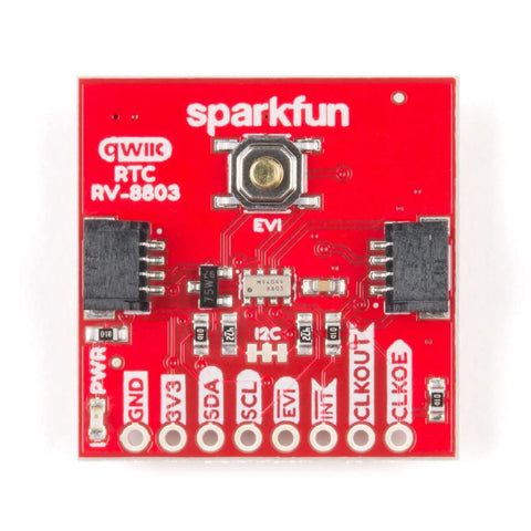 Precision RV8803 Real Time Clock Qwiic Board with compact red PCB, I2C interface, and clear component labeling.