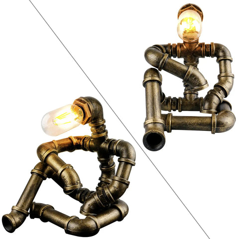Steampunk Robot Table Lamp With Vintage Industrial Water Pipe Design For Bedside Nightstand, rustic bronze finish, quirky desk light