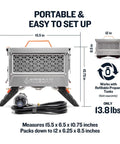 Deluxe Portable Propane Fire Pit with Removable Grill Insert, stainless steel, dimensions shown, 13.8 lbs, foldable and compact.