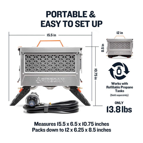 Deluxe Portable Propane Fire Pit with Removable Grill Insert, stainless steel, dimensions shown, 13.8 lbs, foldable and compact.
