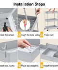 Installation steps for Three Tier Rolling Cart With Wheels For Office Living Room And Kitchen Gray Three Hanging Baskets Craft And Art Trolley Organizer Easy Assembly Mobile Storage Cart On Casters