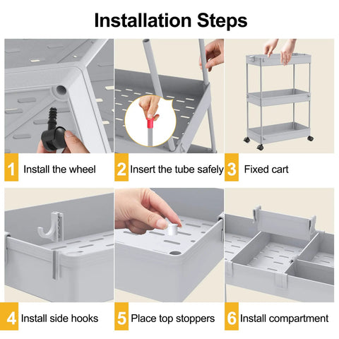Installation steps for Three Tier Rolling Cart With Wheels For Office Living Room And Kitchen Gray Three Hanging Baskets Craft And Art Trolley Organizer Easy Assembly Mobile Storage Cart On Casters