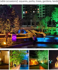 AC85‑265V IP65 Rotatable LED Flood Light (Green 25w) illuminating vibrant trees and waterscapes in a landscaped park at night.