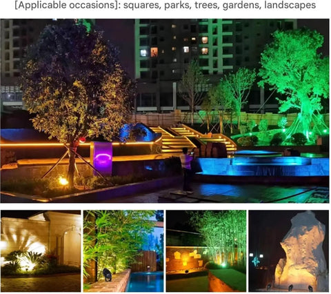 AC85‑265V IP65 Rotatable LED Flood Light (Green 25w) illuminating vibrant trees and waterscapes in a landscaped park at night.
