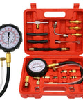 Fuel pressure tester kit 0–140 PSI in a red carrying case with gauge, hoses and brass adapters.
