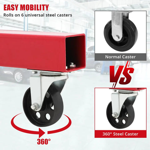 Detail of 2 Ton Cherry Picker Engine Hoist showing 360° steel caster designed for easy mobility on six heavy duty casters.