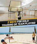 Adjustable Volleyball Net System For Backyard Practice With Freely Height-Adjustable From 6.5 To 8 Feet, Quick Release Height Lock, Easy Indoor Outdoor Setup For Serving, Setting, And Spiking Training in use indoors and on a beach