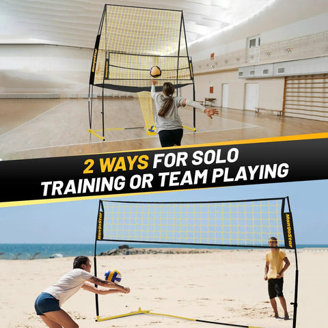 Adjustable Volleyball Net System For Backyard Practice With Freely Height-Adjustable From 6.5 To 8 Feet, Quick Release Height Lock, Easy Indoor Outdoor Setup For Serving, Setting, And Spiking Training in use indoors and on a beach